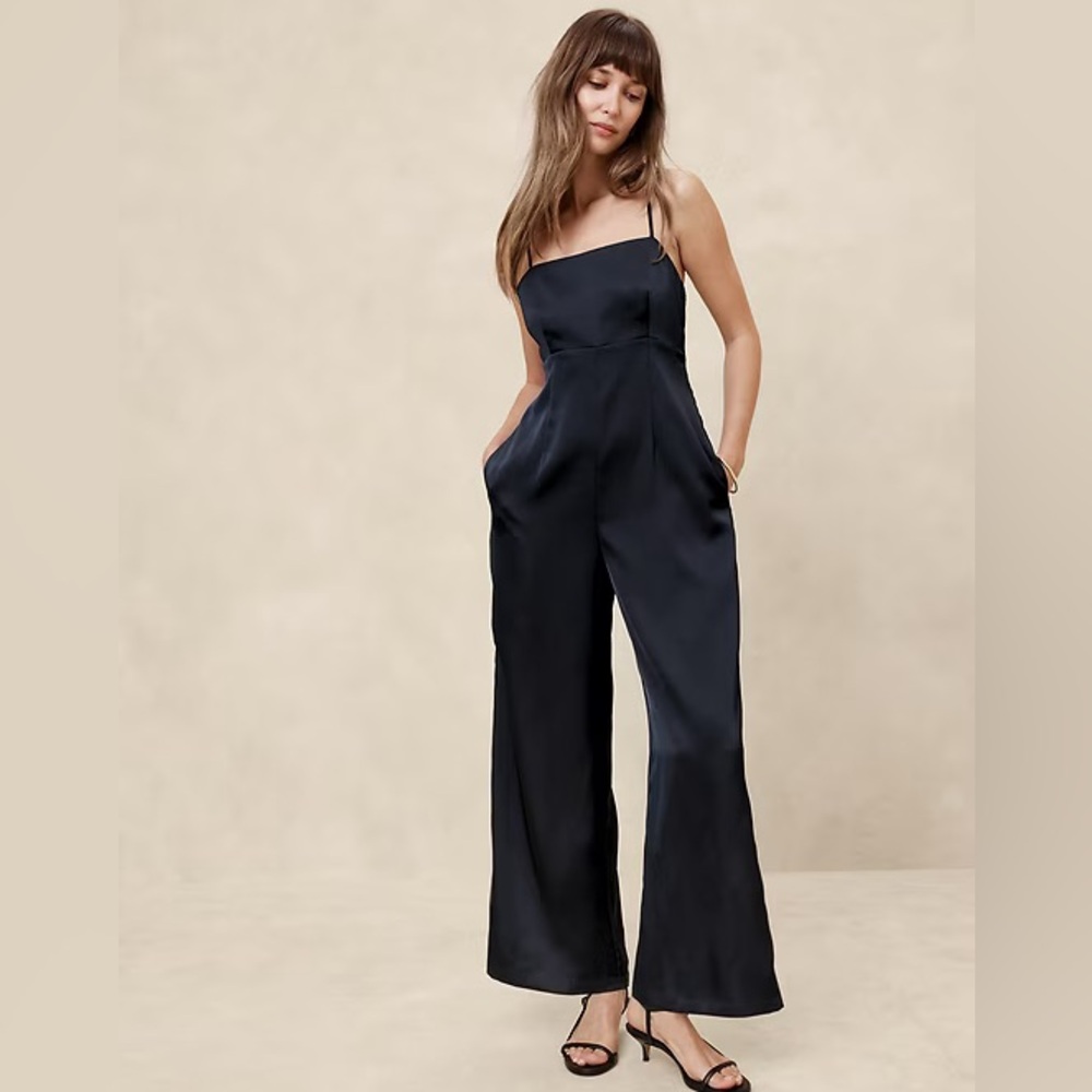 Elegant Preppy Navy Satin Jumpsuit